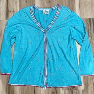 The Quacker Factory Blue Pink Embroidered Cardigan Sweatshirt Women’s 1XL